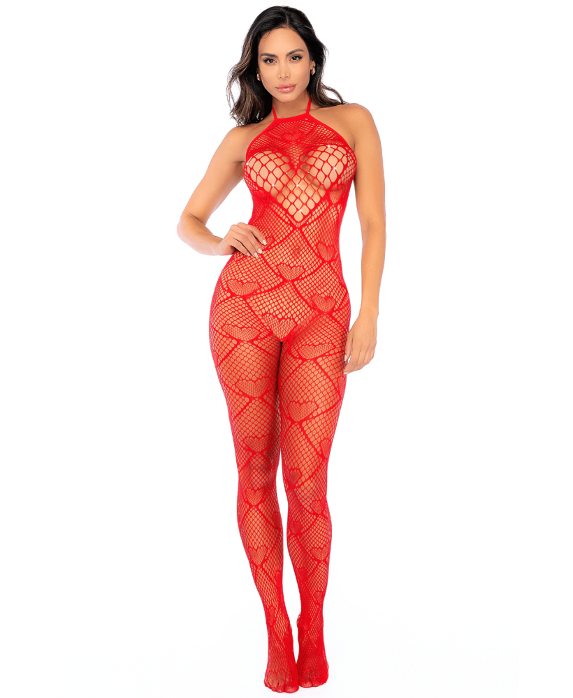 Bodystocking en résille rouge à motif cœur, orné de strass, ouvert à l’entrejambe - Mapalé